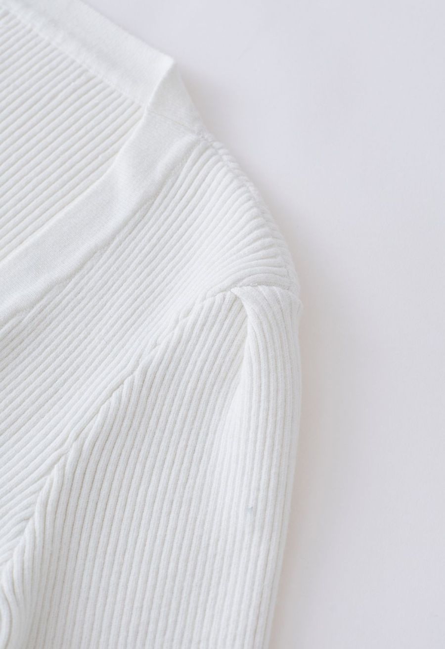 Heart-Shape Buttons Square Neck Knit Top in White