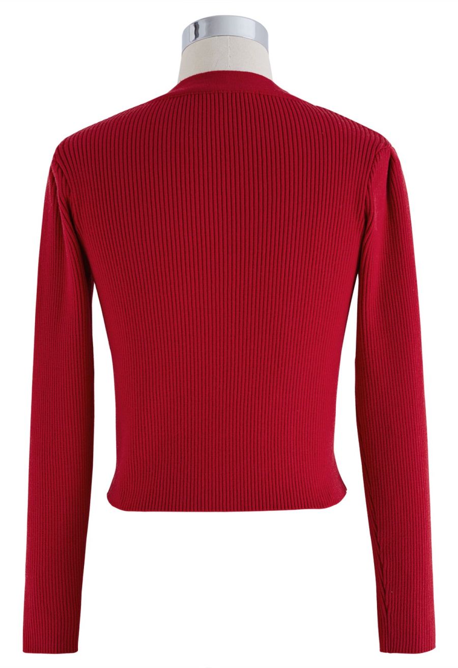 Heart-Shape Buttons Square Neck Knit Top in Red