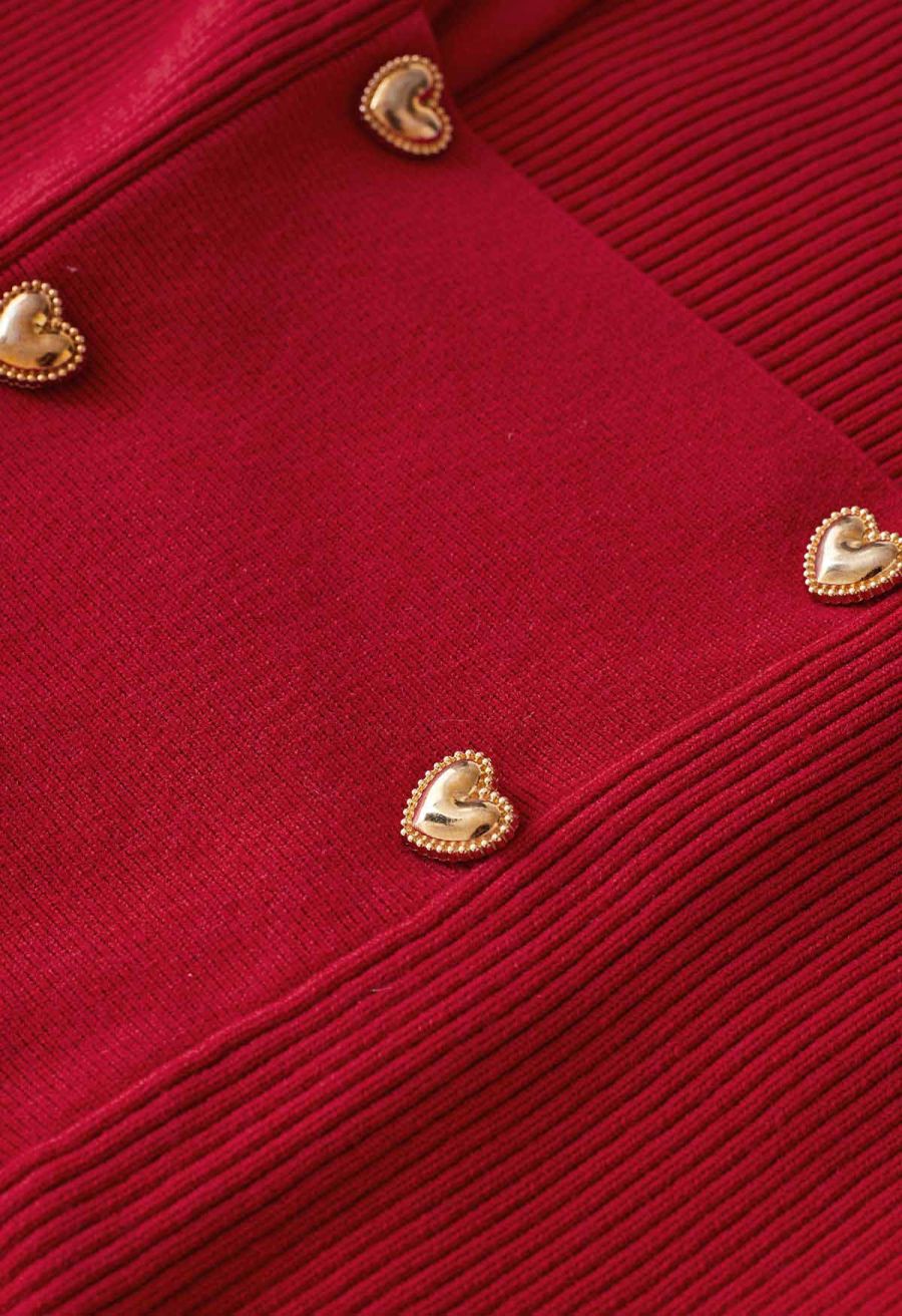 Heart-Shape Buttons Square Neck Knit Top in Red