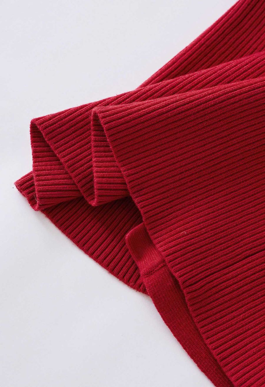 Heart-Shape Buttons Square Neck Knit Top in Red