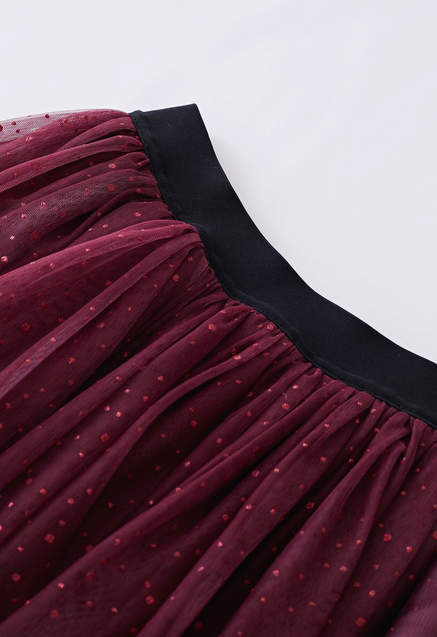 Festive Sparkle Ombre Tulle Midi Skirt in Burgundy