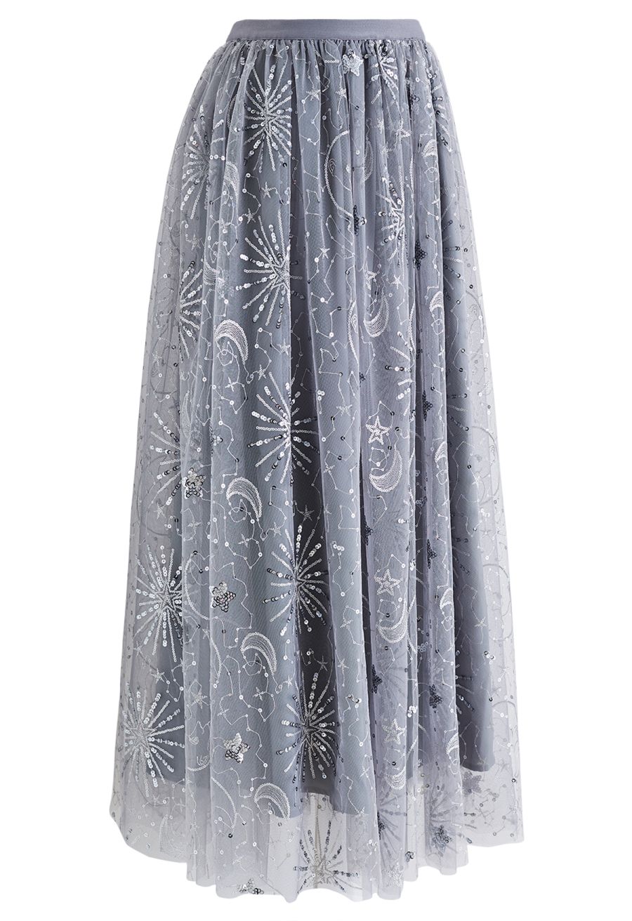 Moon and Star Sequin-Embellished Tulle Maxi Skirt in Grey