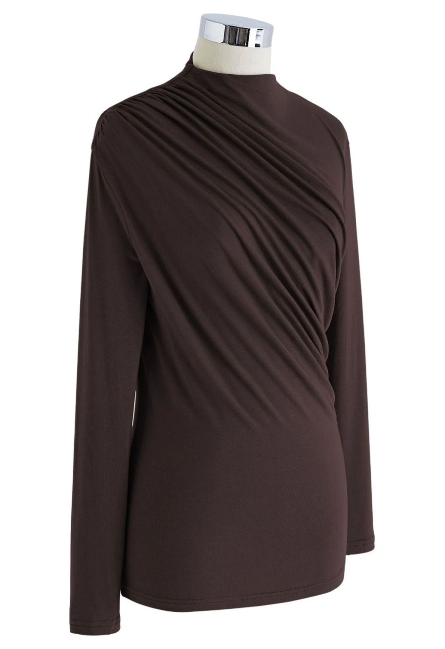 Ruched Long Sleeves Top in Brown