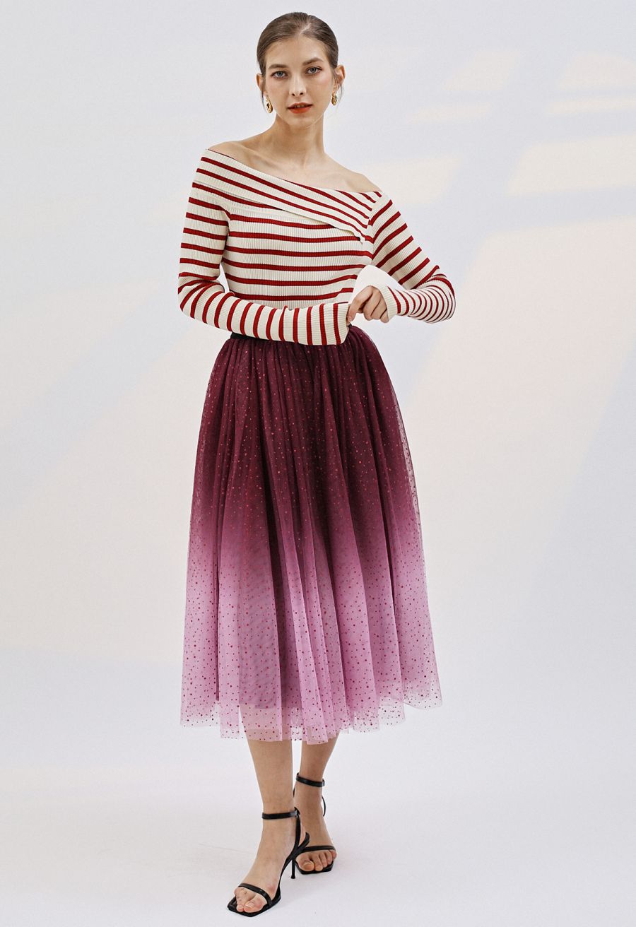 Festive Sparkle Ombre Tulle Midi Skirt in Burgundy