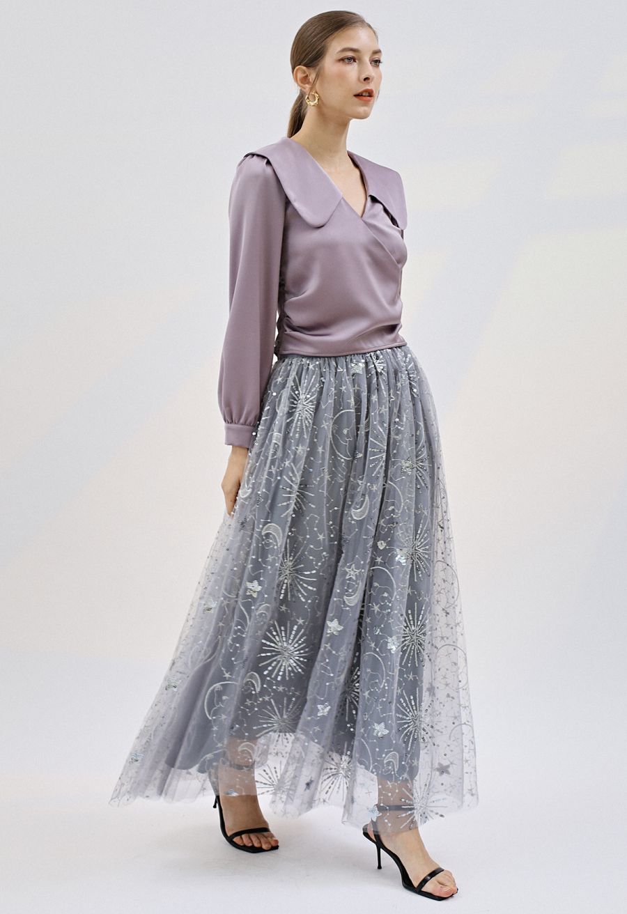 Moon and Star Sequin-Embellished Tulle Maxi Skirt in Grey