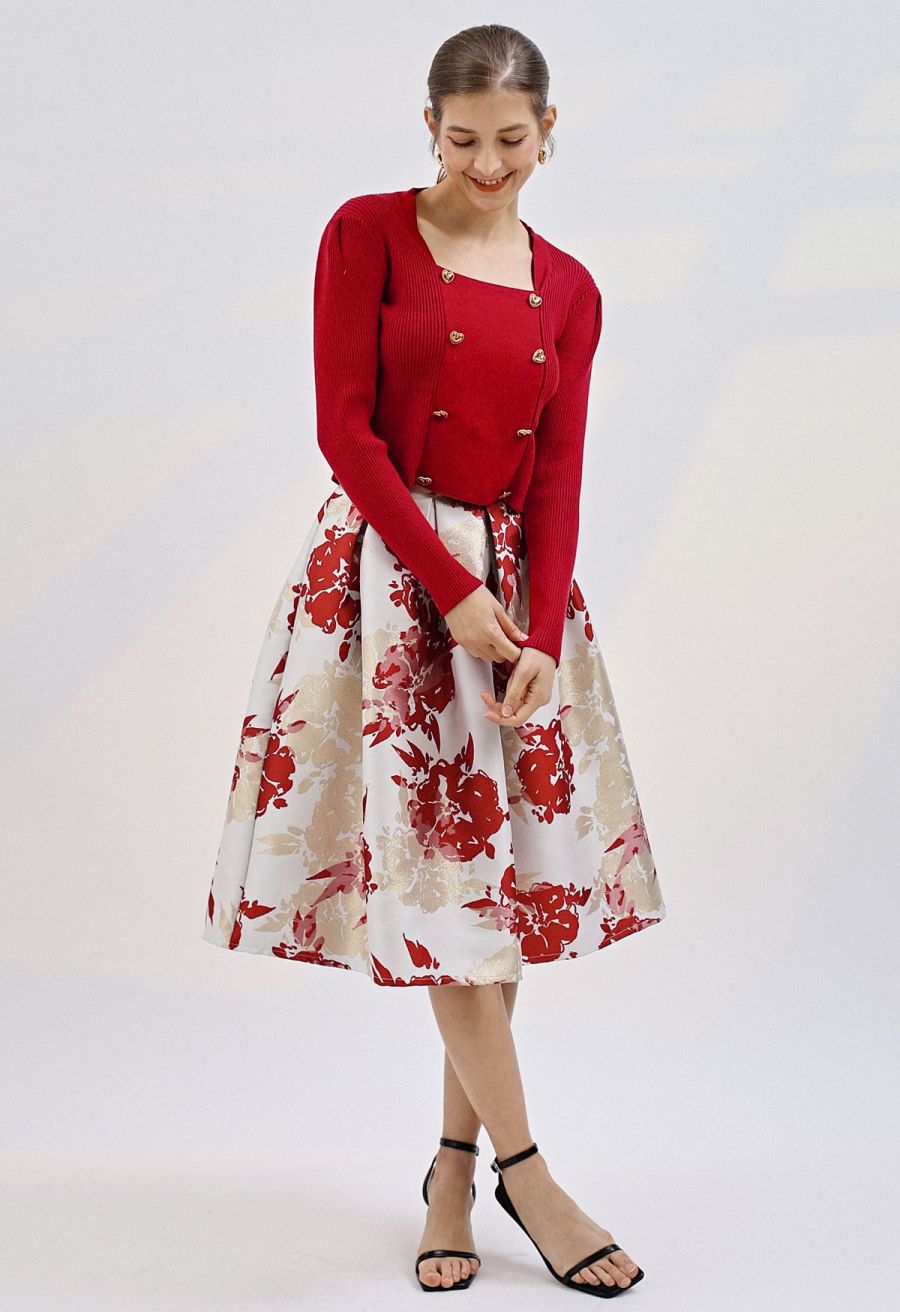 Heart-Shape Buttons Square Neck Knit Top in Red