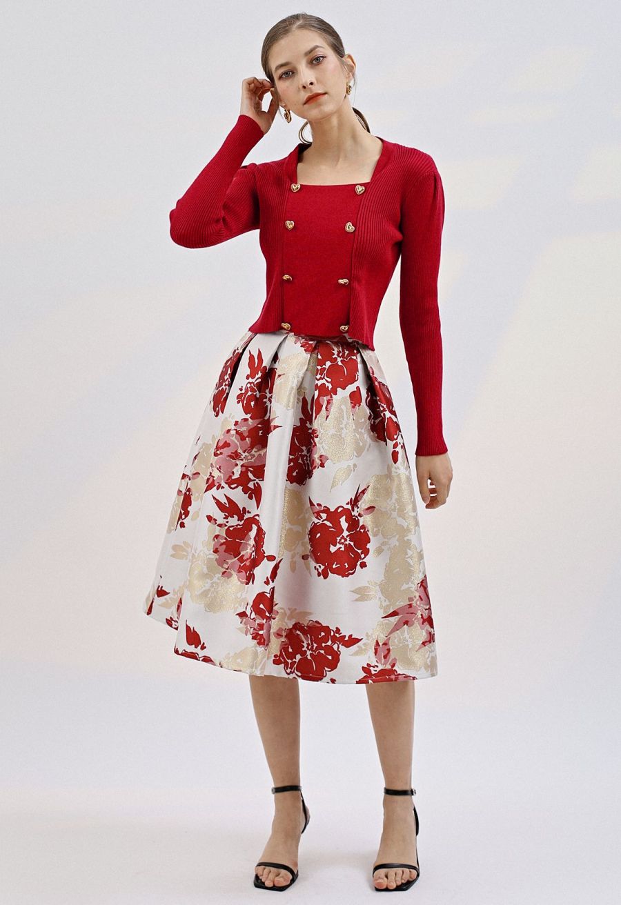 Heart-Shape Buttons Square Neck Knit Top in Red