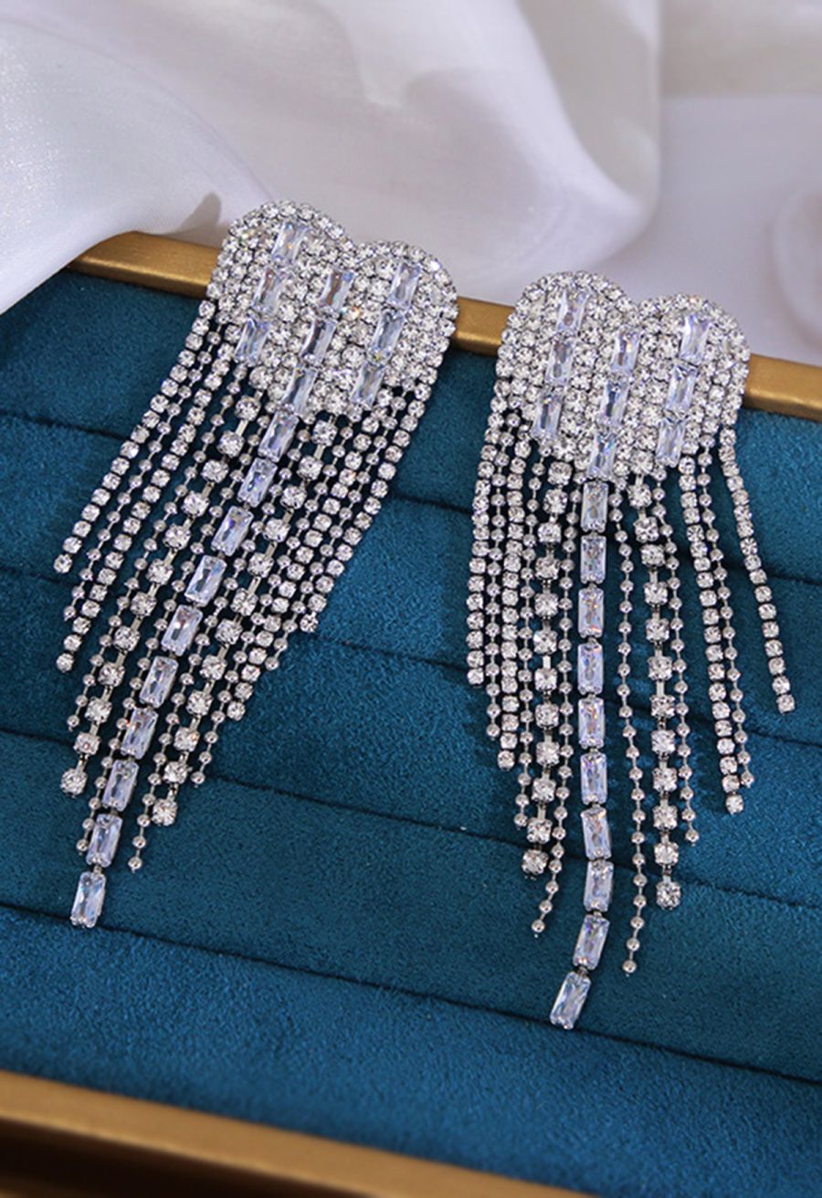 Heart Diamond Tassel Dangle Earrings