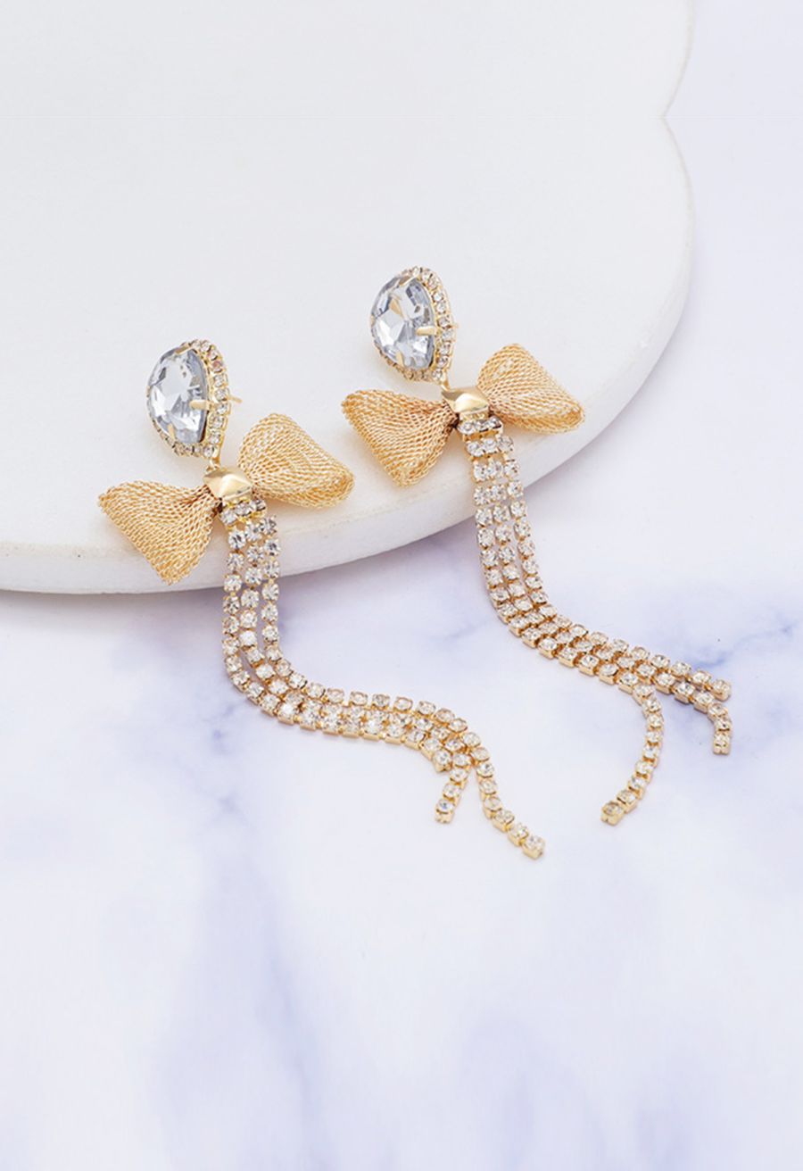 Bowknot Rhinestone Tassel Dangle Earrings