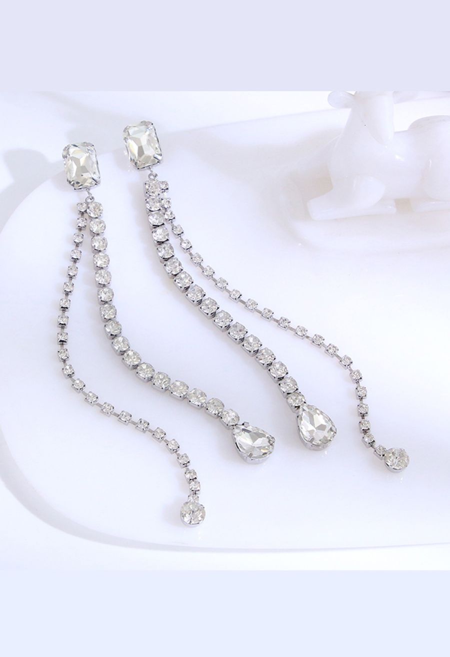 Geometric Rhinestone Tassel Dangle Earrings