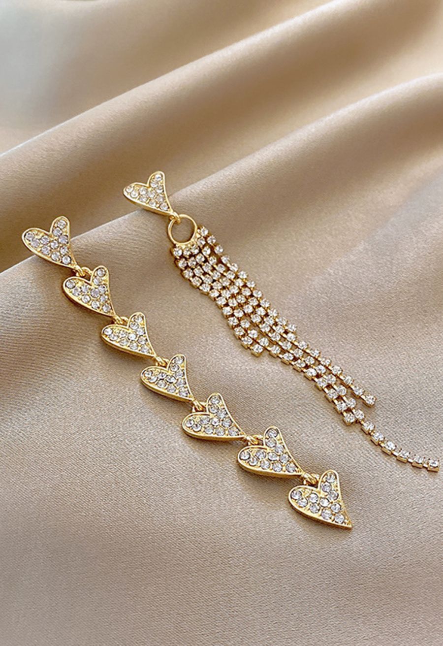 Asymmetric Heart Rhinestone Tassel Dangle Earrings