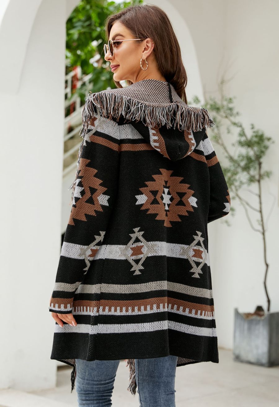 Geometric Tassel Edge Hooded Cardigan in Black
