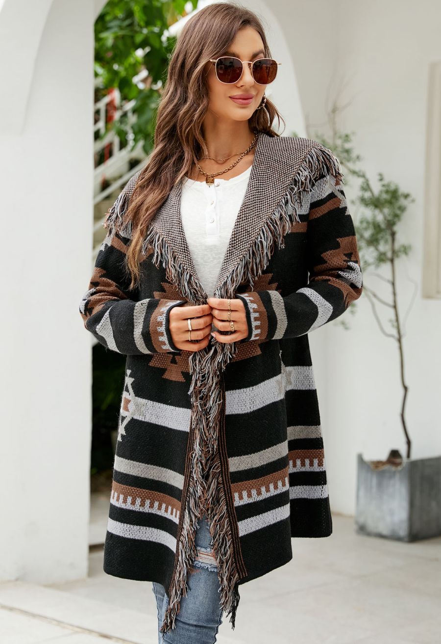 Geometric Tassel Edge Hooded Cardigan in Black