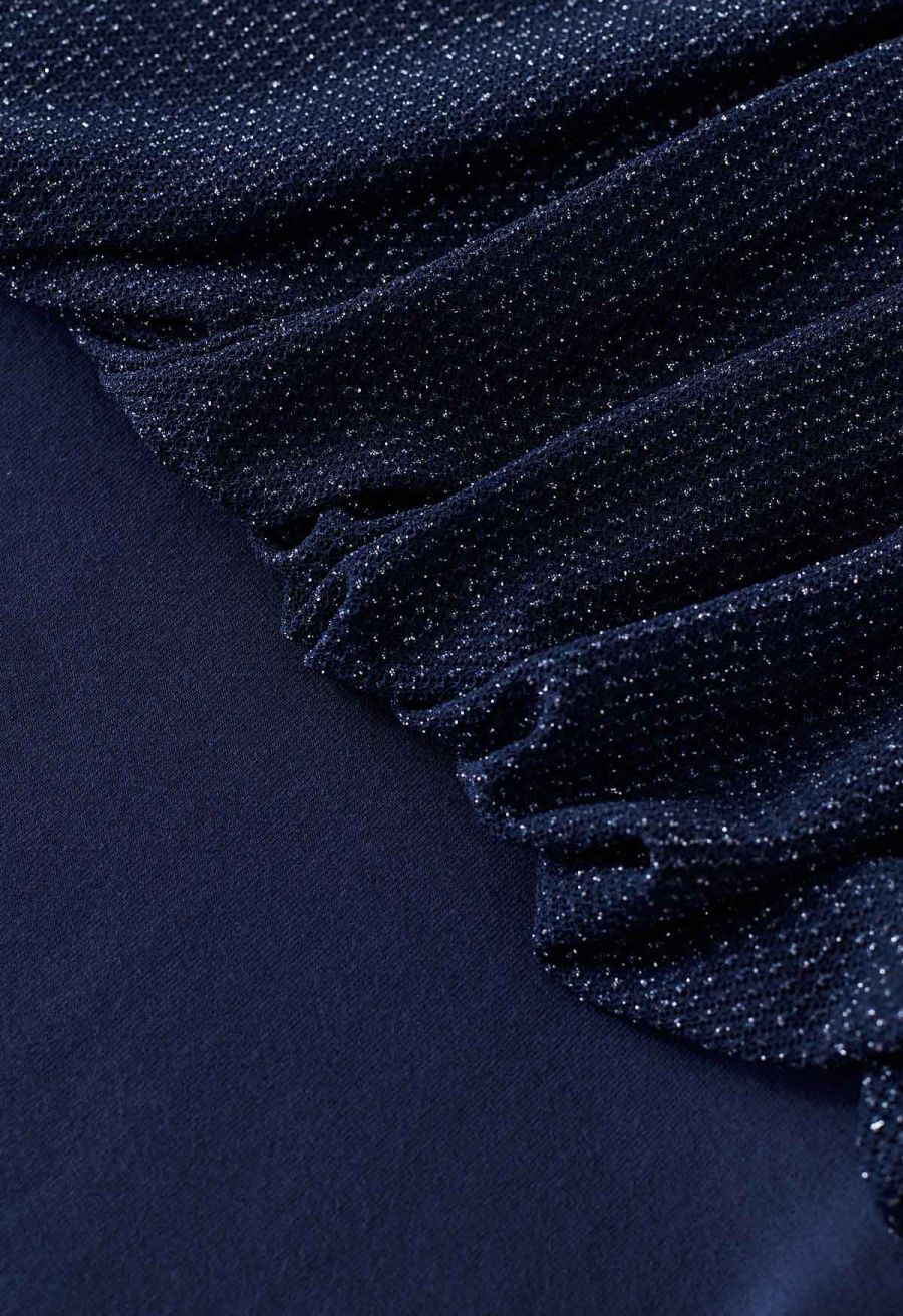 Gleam High Neck Spliced Ruched Top in Navy