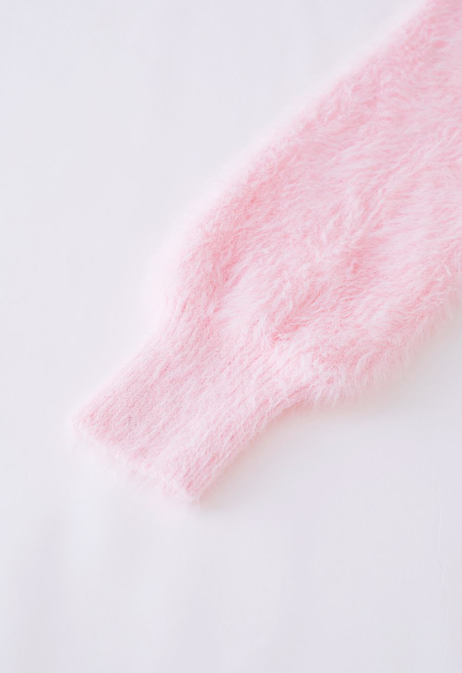 Bowknot Brooch Fuzzy Knit Cardigan in Pink