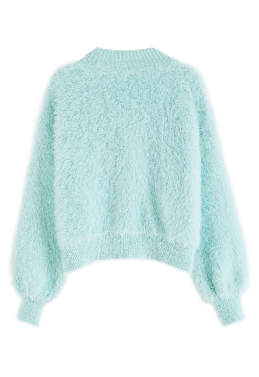Bowknot Brooch Fuzzy Knit Cardigan in Mint