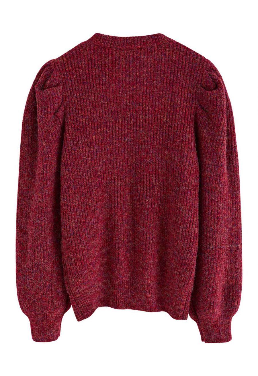 Mix-Knit Puff Sleeve Ribbed Sweater in Red