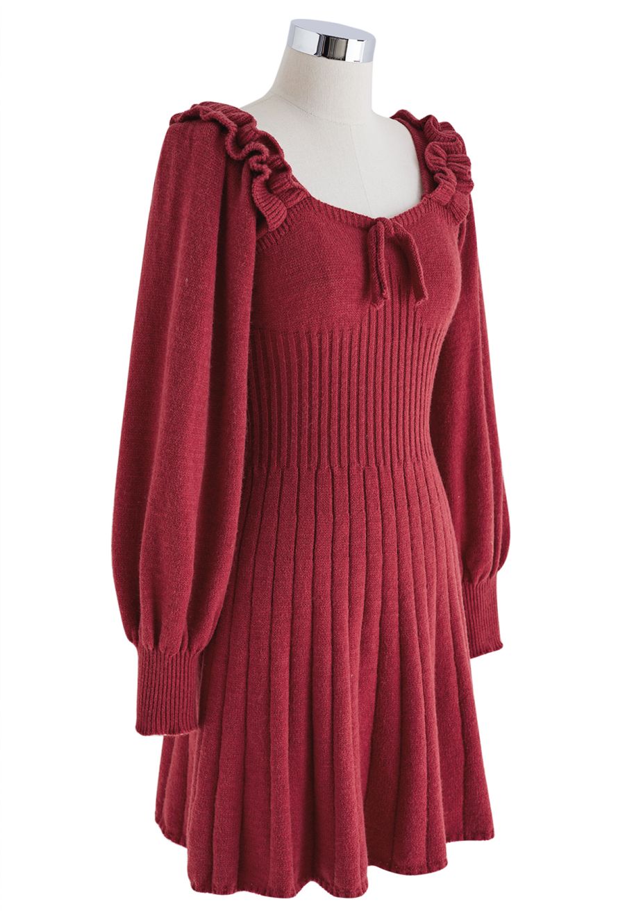 Tie-Bow Scoop Neck Knit Mini Dress in Red