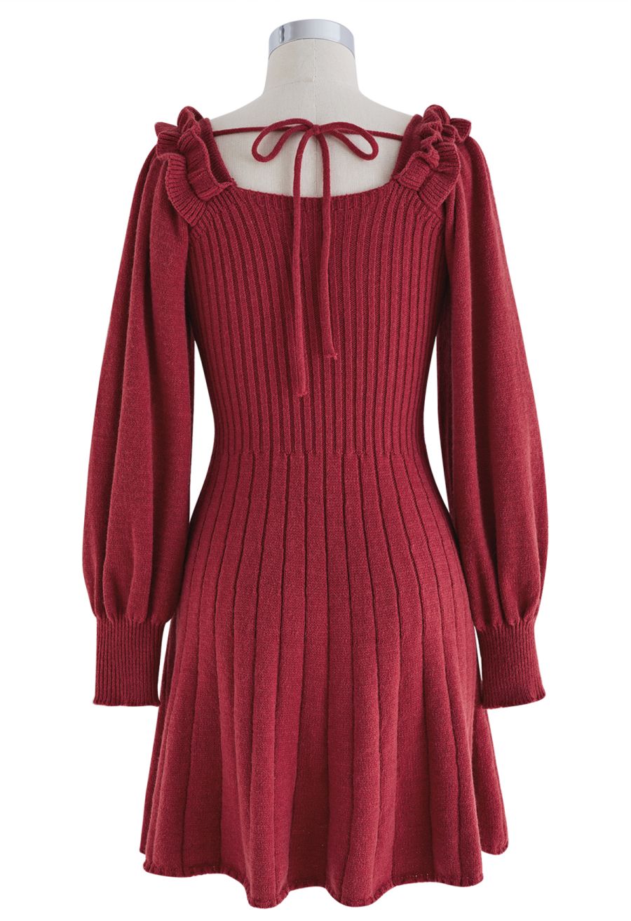 Tie-Bow Scoop Neck Knit Mini Dress in Red