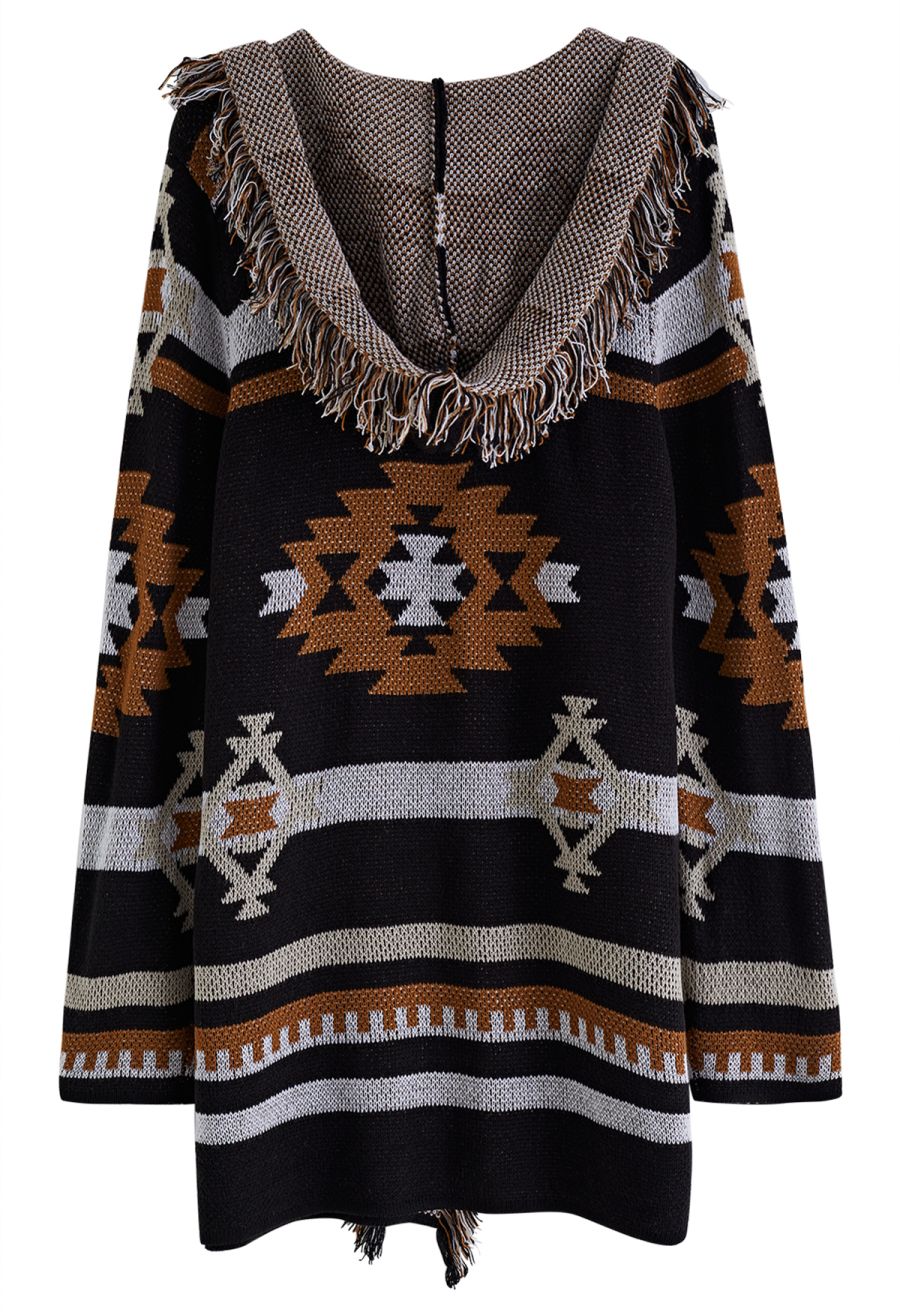 Geometric Tassel Edge Hooded Cardigan in Black
