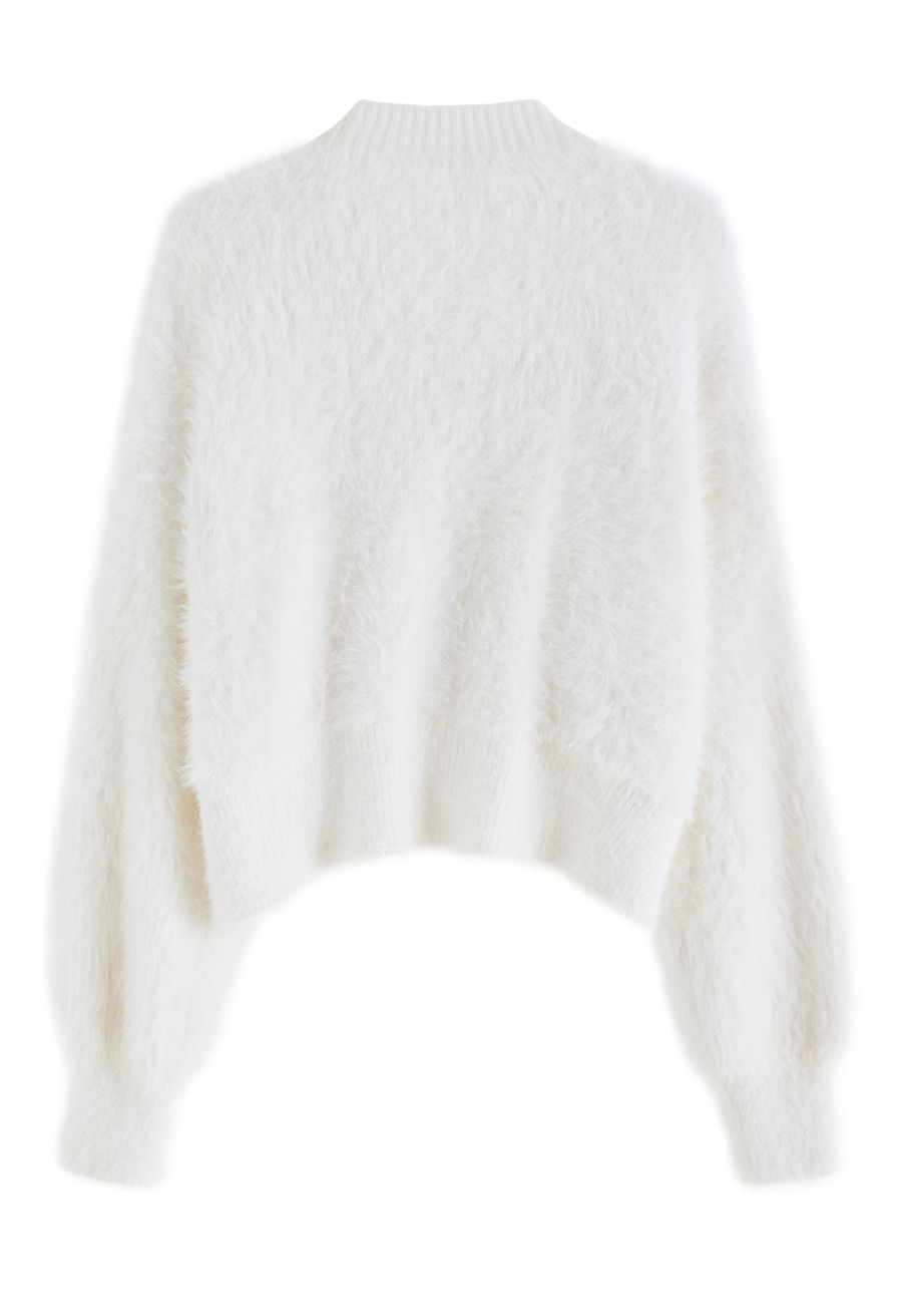 Bowknot Brooch Fuzzy Knit Cardigan in White