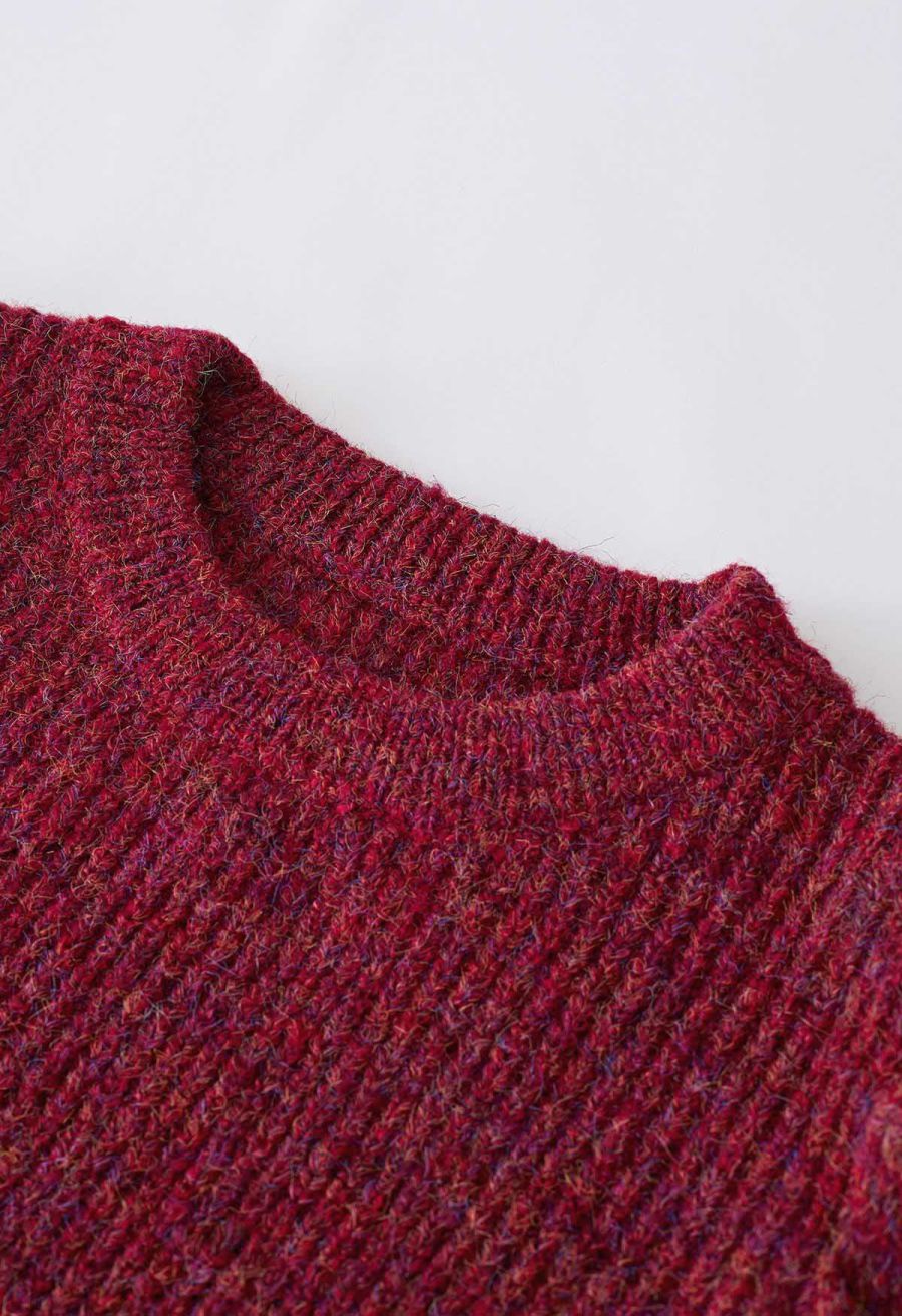 Mix-Knit Puff Sleeve Ribbed Sweater in Red