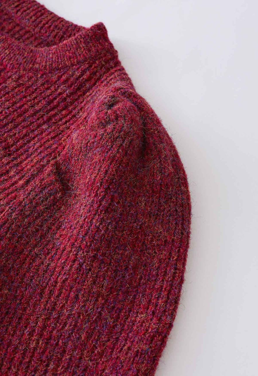 Mix-Knit Puff Sleeve Ribbed Sweater in Red