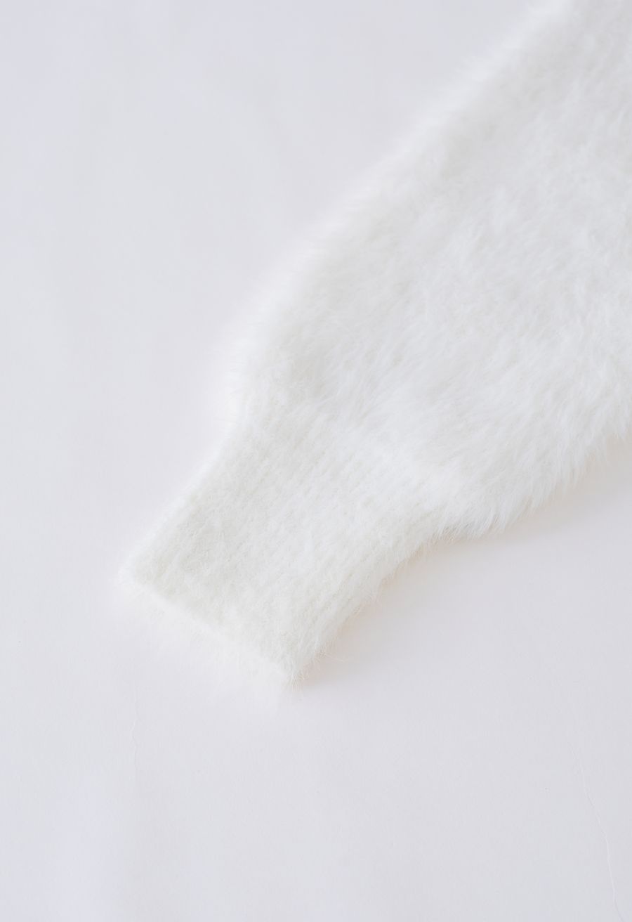 Bowknot Brooch Fuzzy Knit Cardigan in White