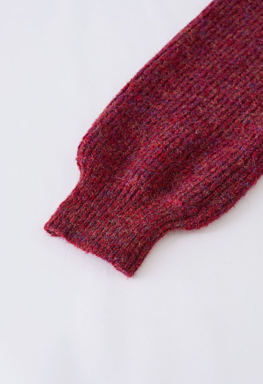 Mix-Knit Puff Sleeve Ribbed Sweater in Red