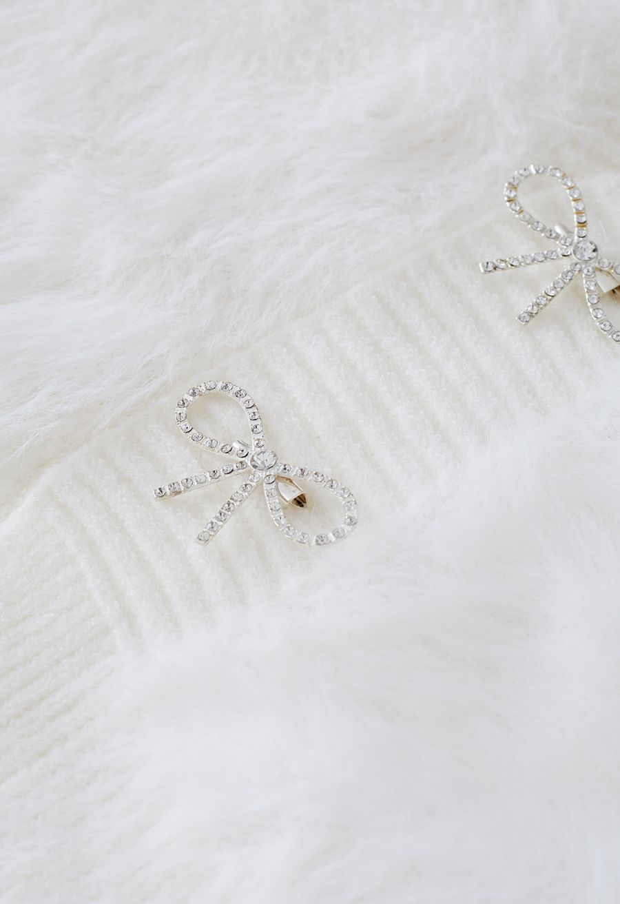 Bowknot Brooch Fuzzy Knit Cardigan in White