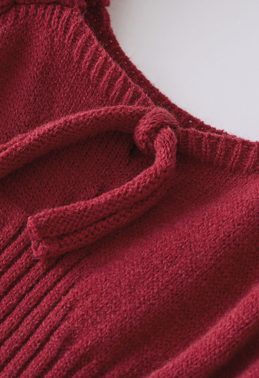 Tie-Bow Scoop Neck Knit Mini Dress in Red