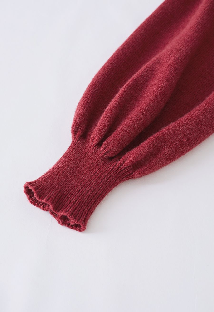 Tie-Bow Scoop Neck Knit Mini Dress in Red