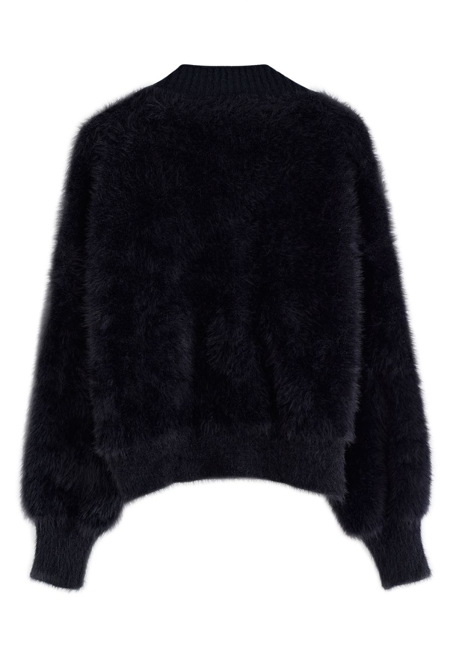 Bowknot Brooch Fuzzy Knit Cardigan in Black