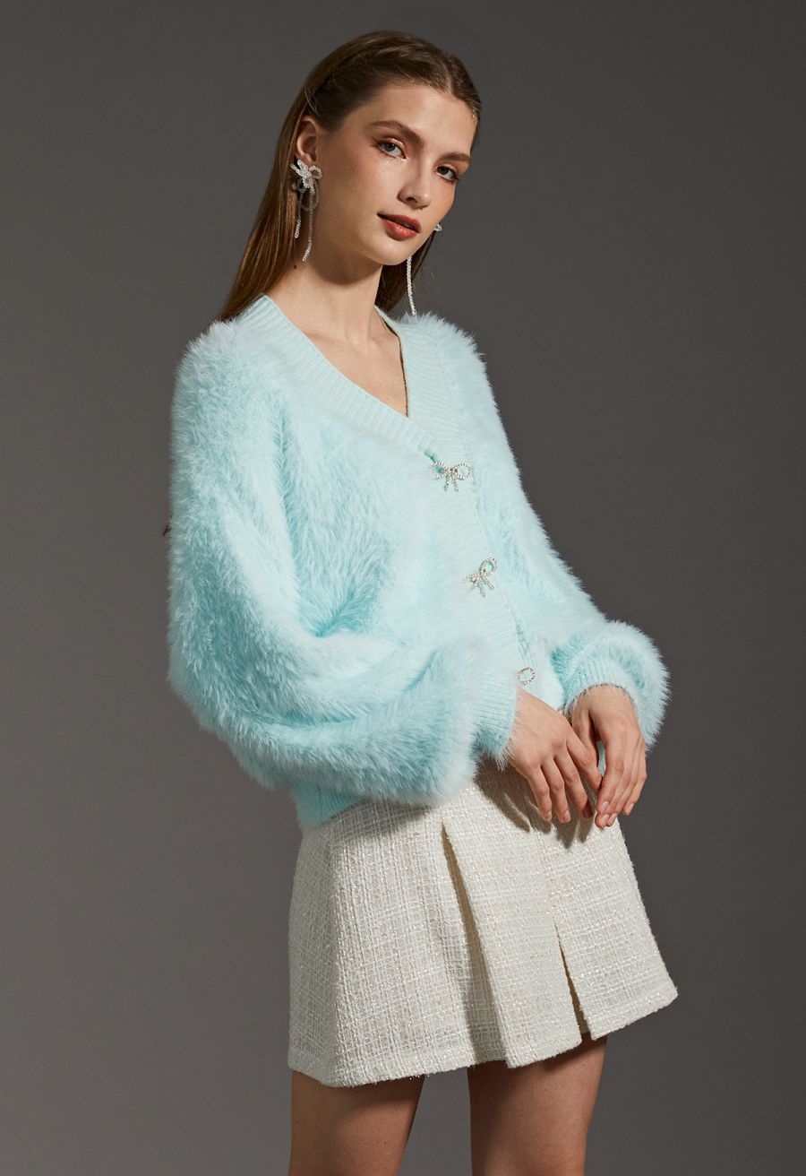 Bowknot Brooch Fuzzy Knit Cardigan in Mint