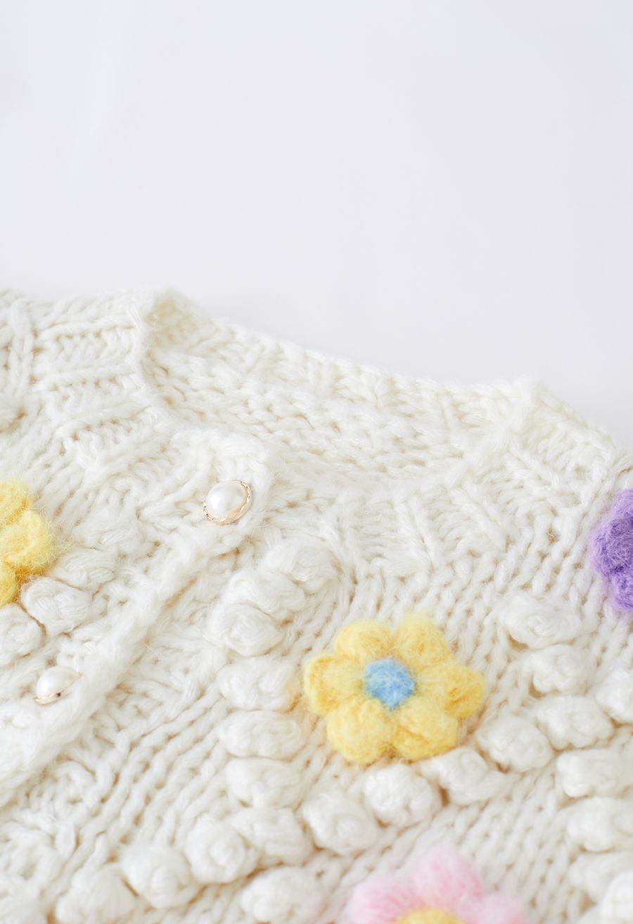 Button Up Floral Pom-Pom Knit Cardigan
