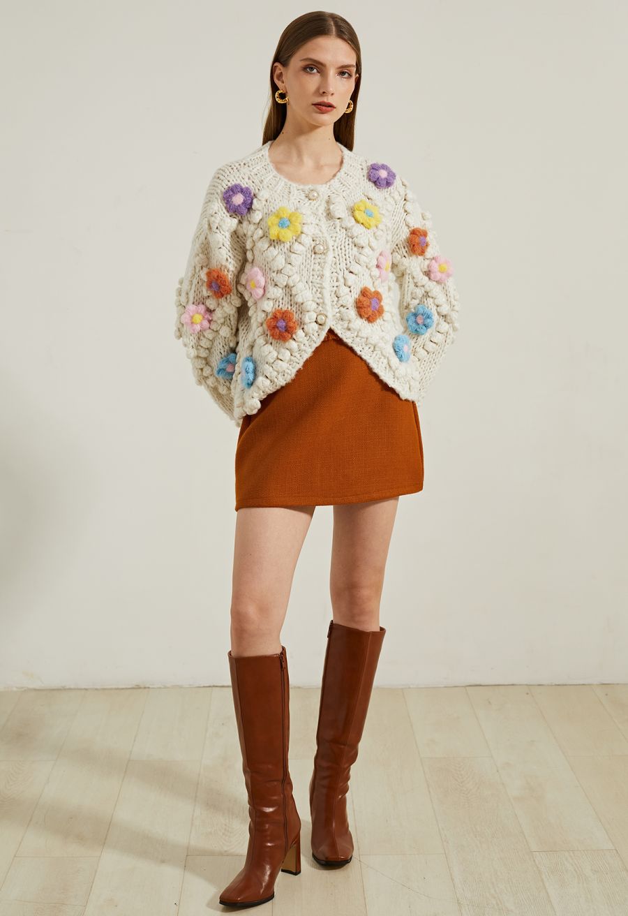Button Up Floral Pom-Pom Knit Cardigan