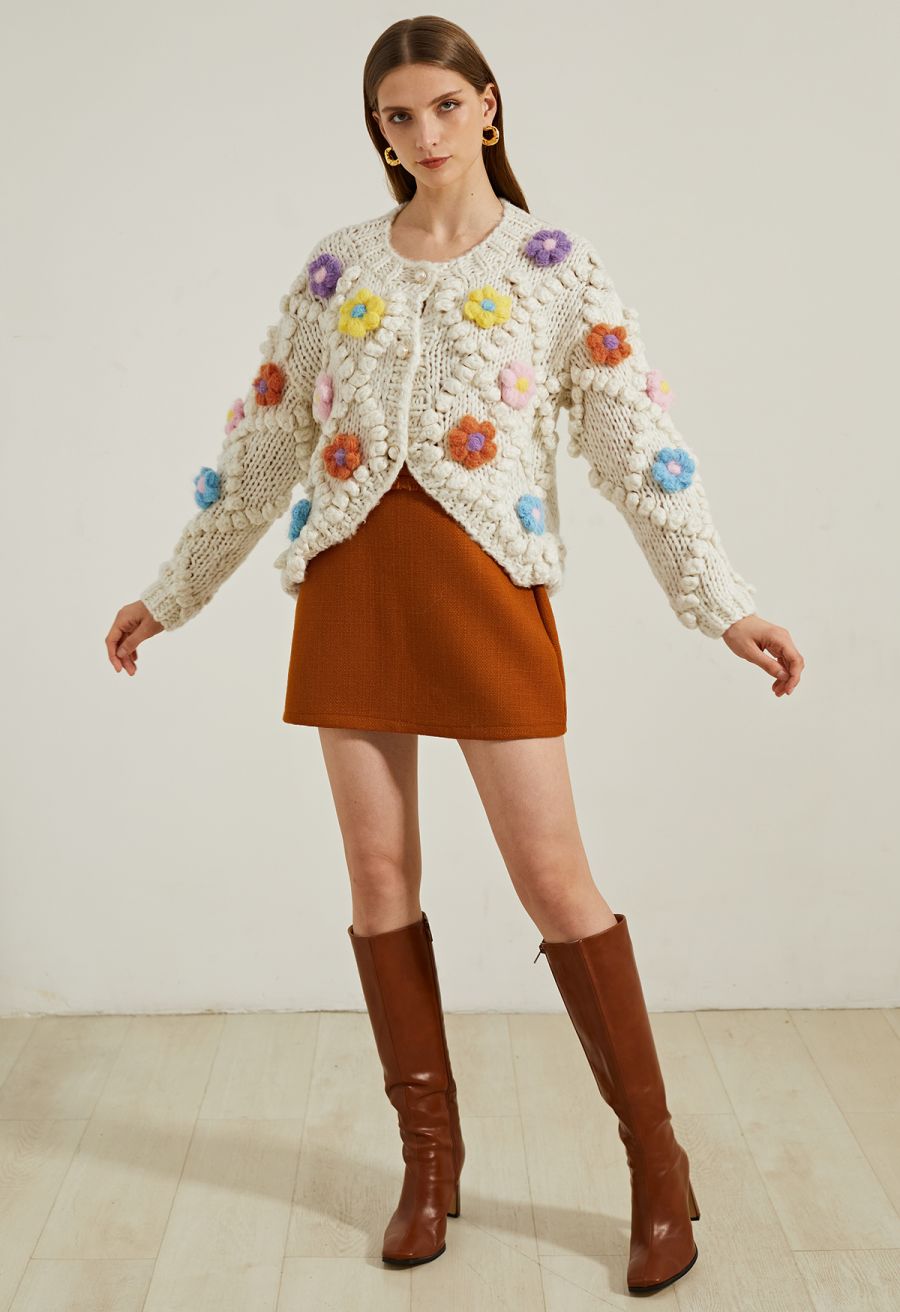 Button Up Floral Pom-Pom Knit Cardigan