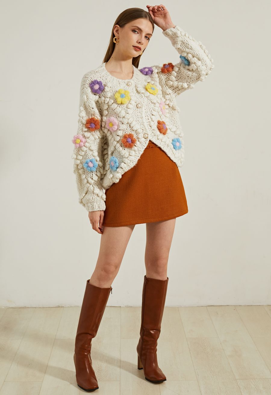 Button Up Floral Pom-Pom Knit Cardigan
