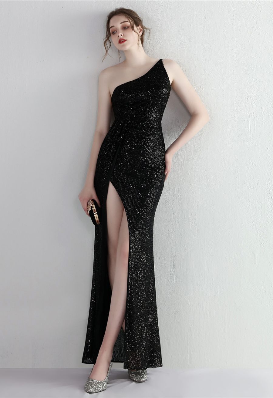 One Shoulder Sequins High Slit Gown in Black