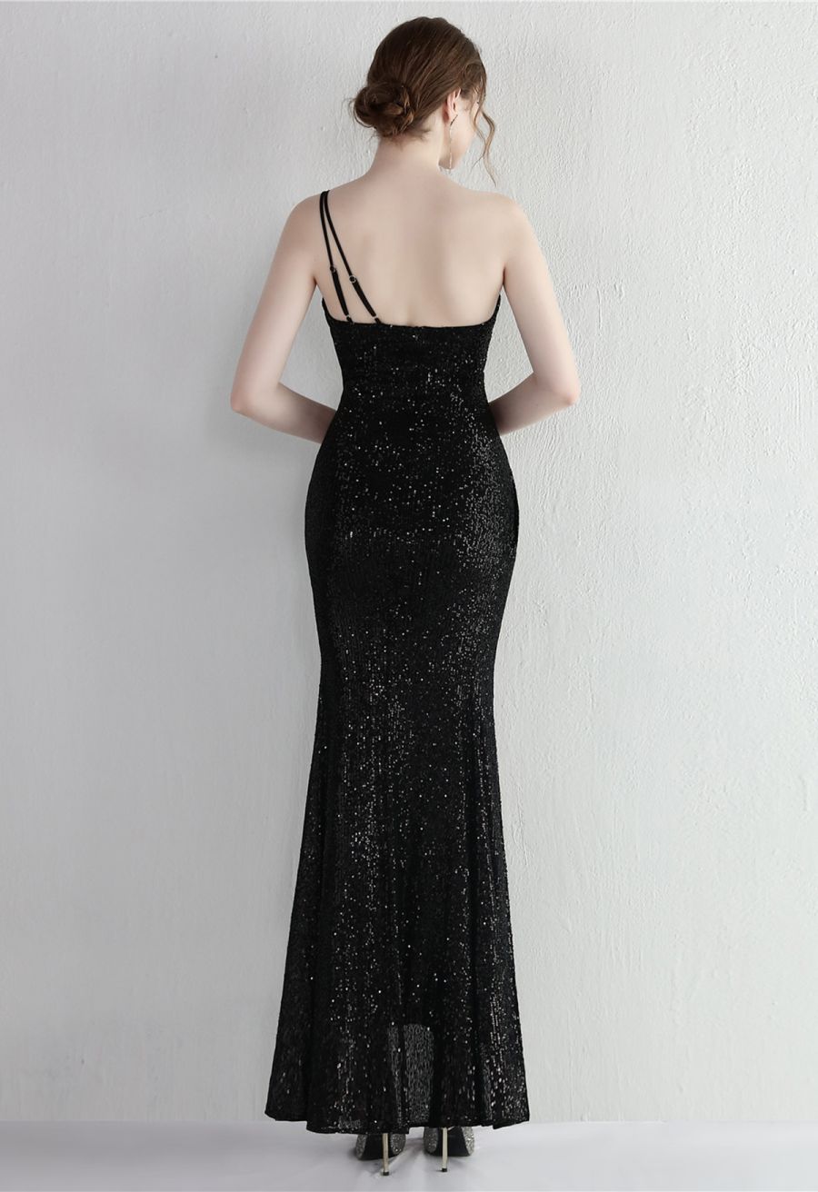 One Shoulder Sequins High Slit Gown in Black