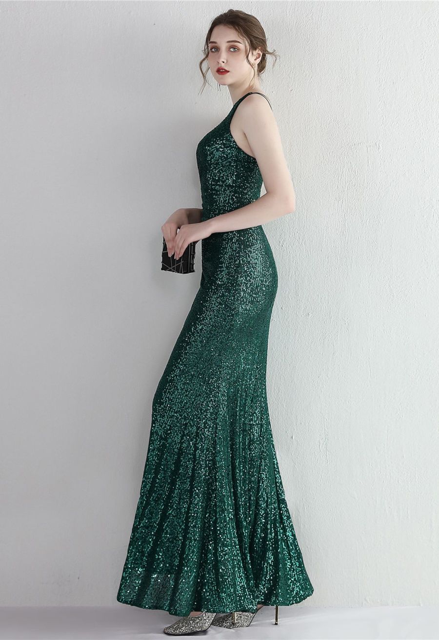 One Shoulder Sequins High Slit Gown in Emerald
