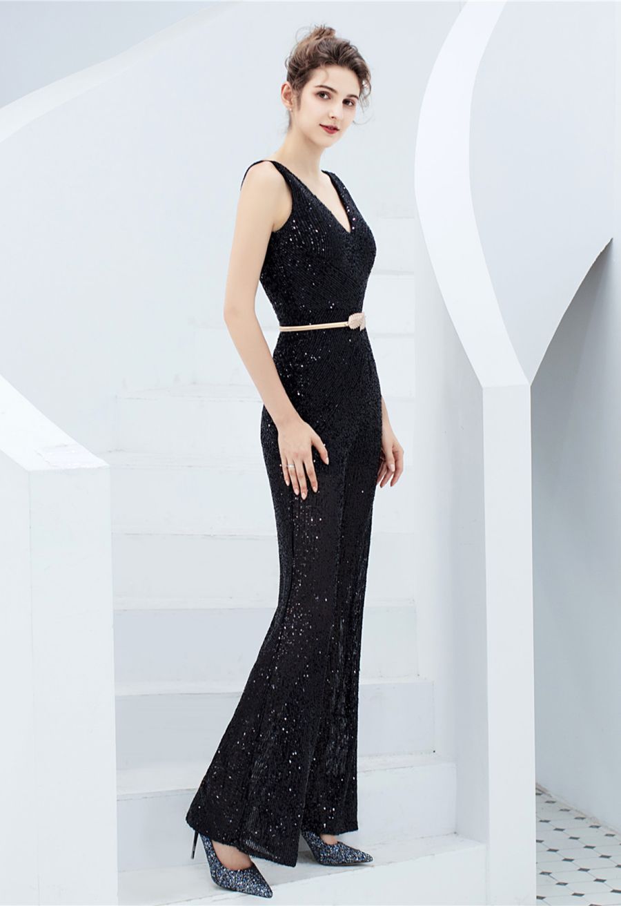 V-Neck Glitter Sequin Jumpsuit in Black