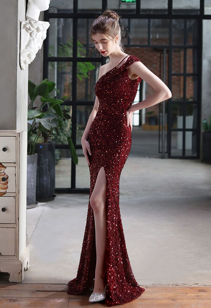 Evening Elegance Sequin One Shoulder Slit Gown in Burgundy