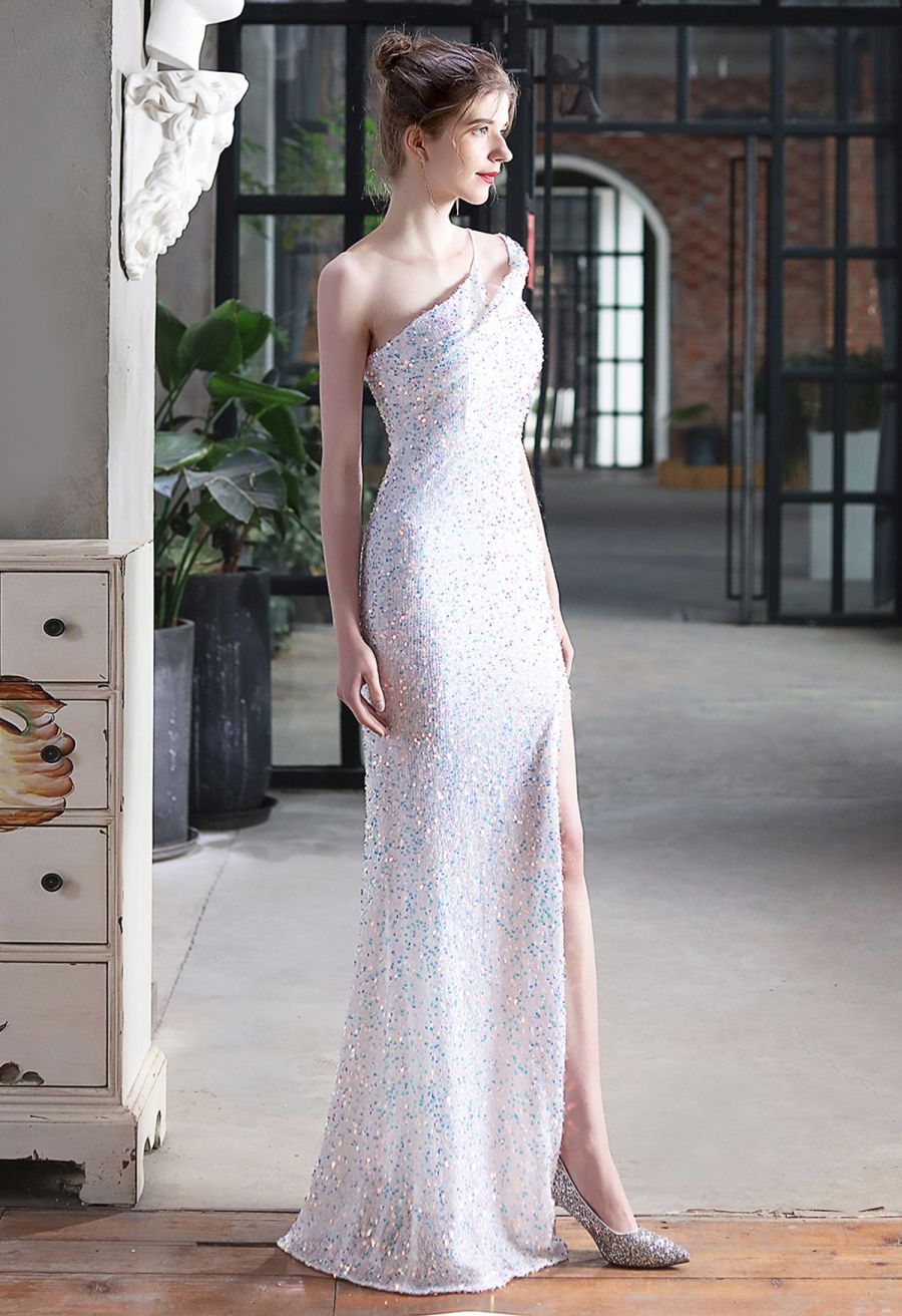 Evening Elegance Sequin One Shoulder Slit Gown in White