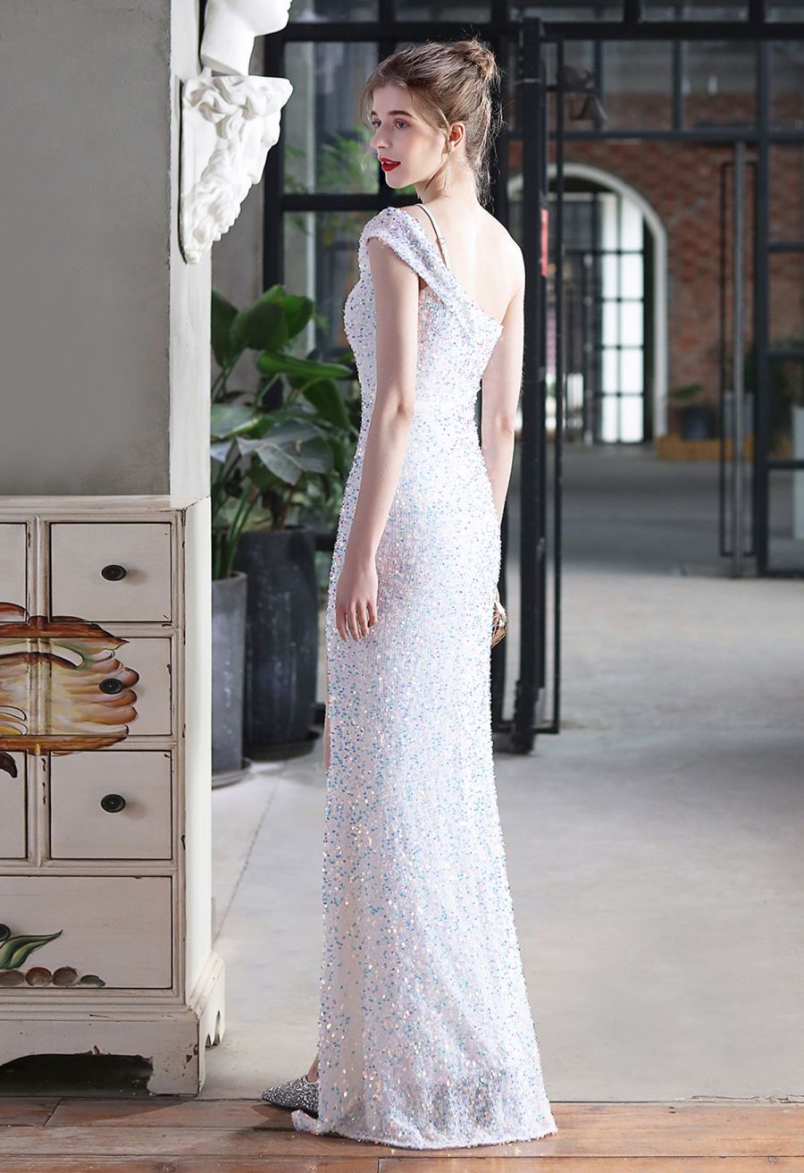 Evening Elegance Sequin One Shoulder Slit Gown in White