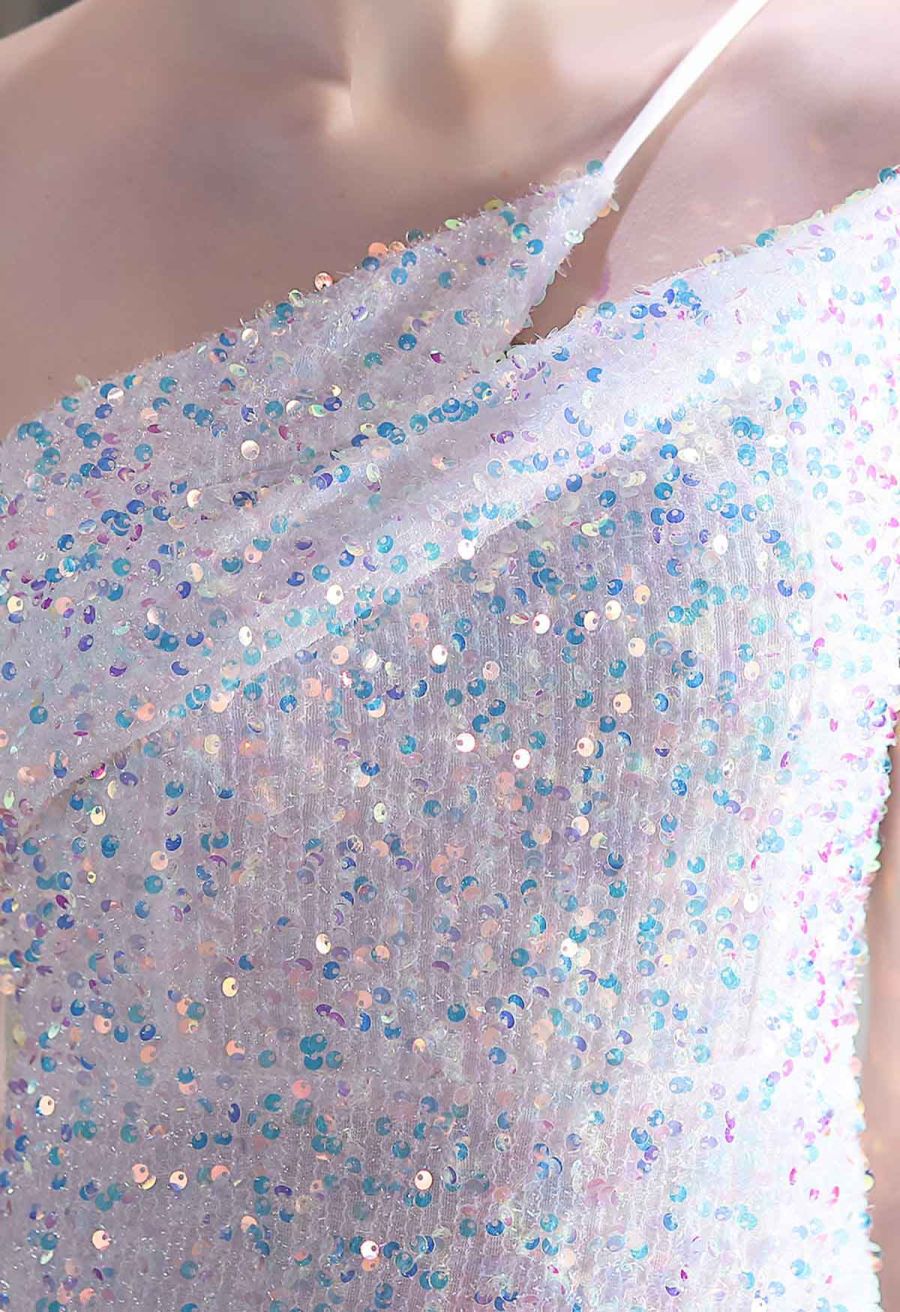 Evening Elegance Sequin One Shoulder Slit Gown in White