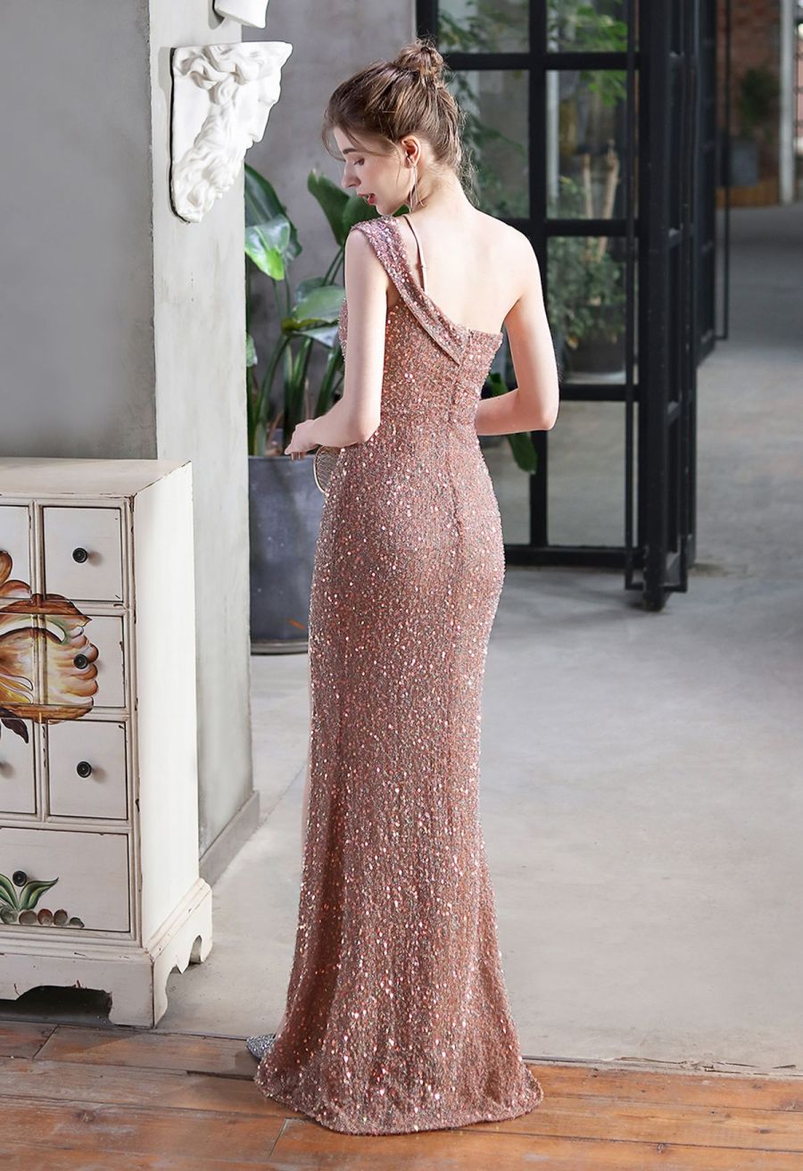 Evening Elegance Sequin One Shoulder Slit Gown in Gold