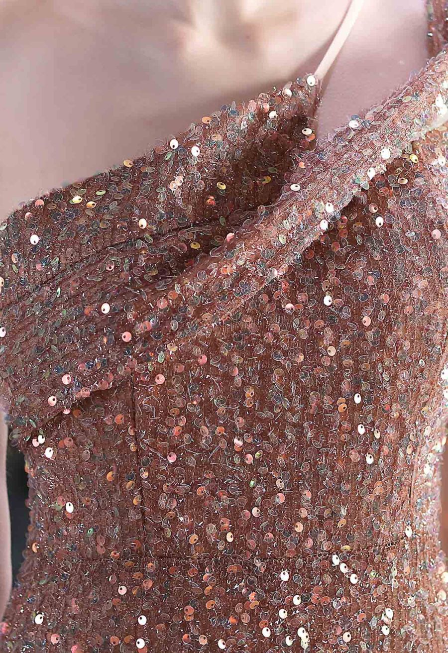 Evening Elegance Sequin One Shoulder Slit Gown in Gold