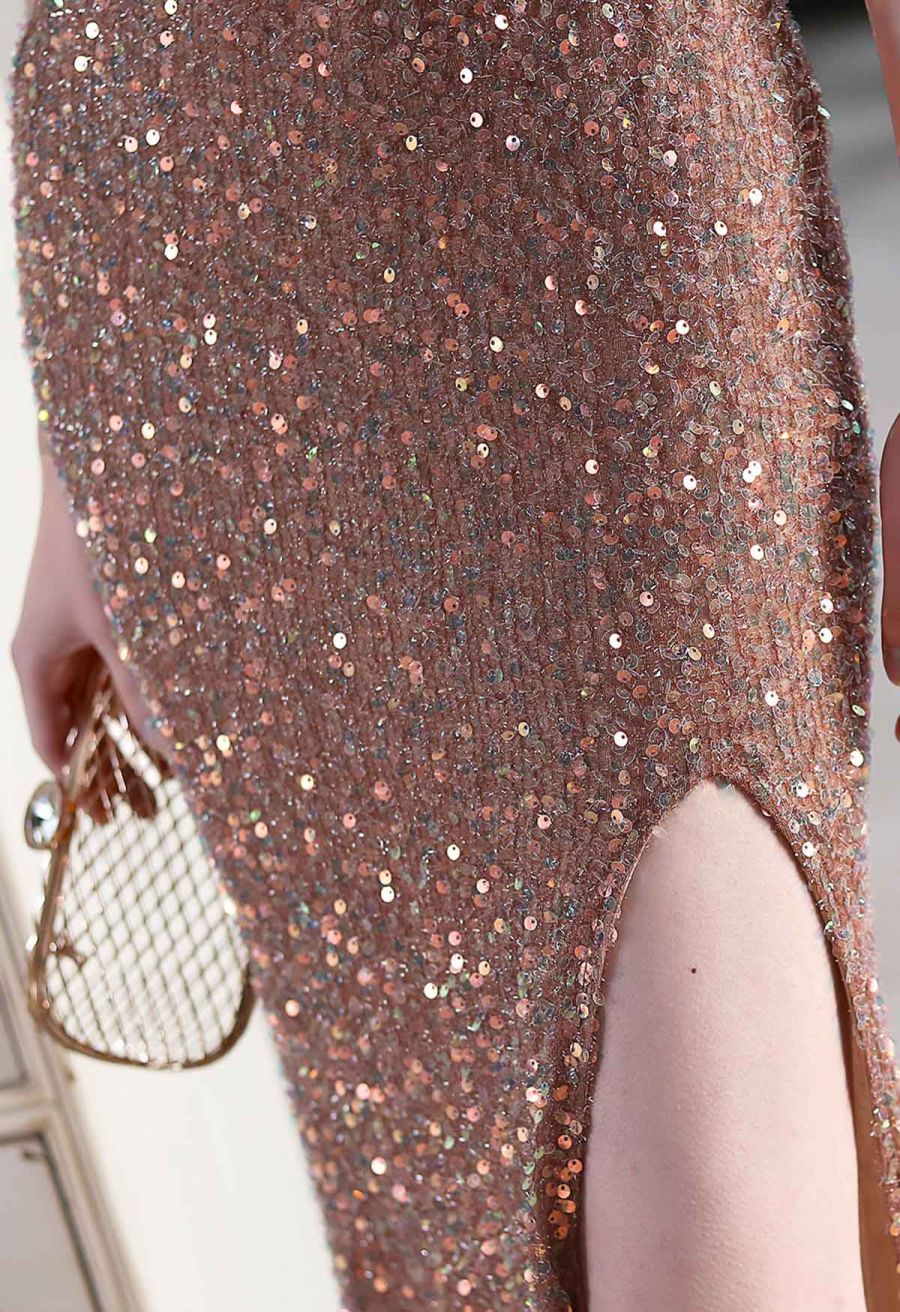 Evening Elegance Sequin One Shoulder Slit Gown in Gold
