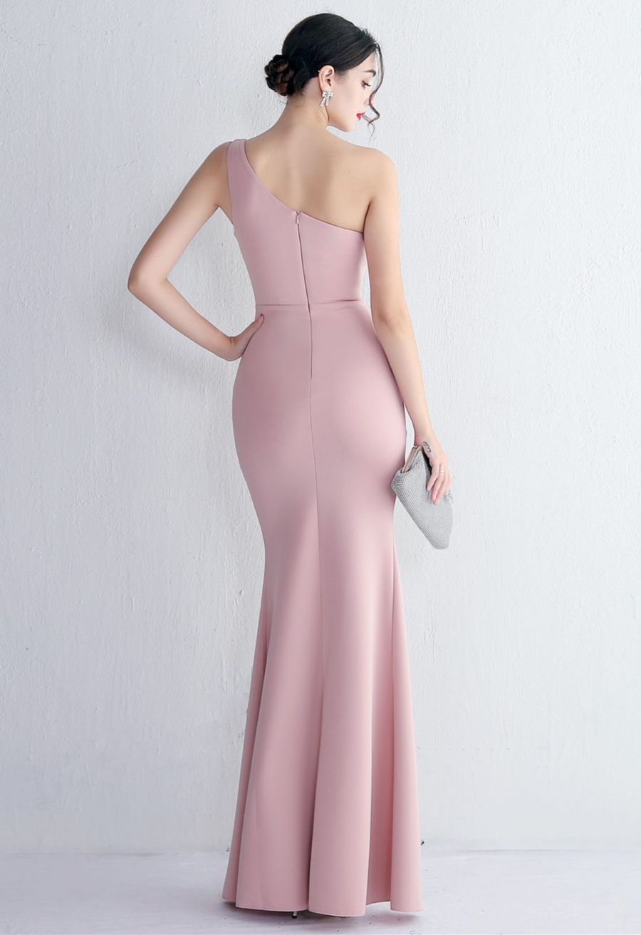 One Shoulder Cutout Slit Gown in Dusty Pink